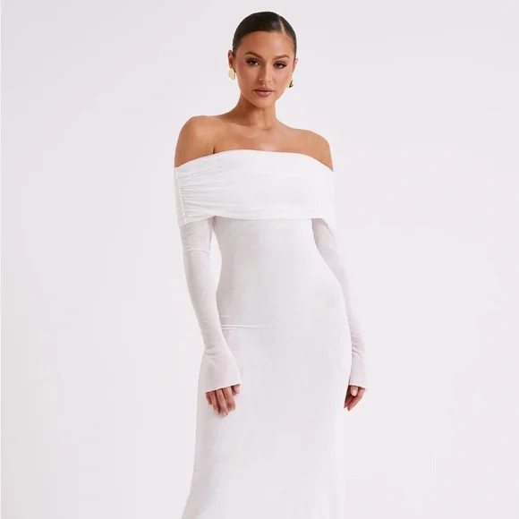Meshki Dresses Josie Off Shoulder Mesh Maxi Dress White Poshmark